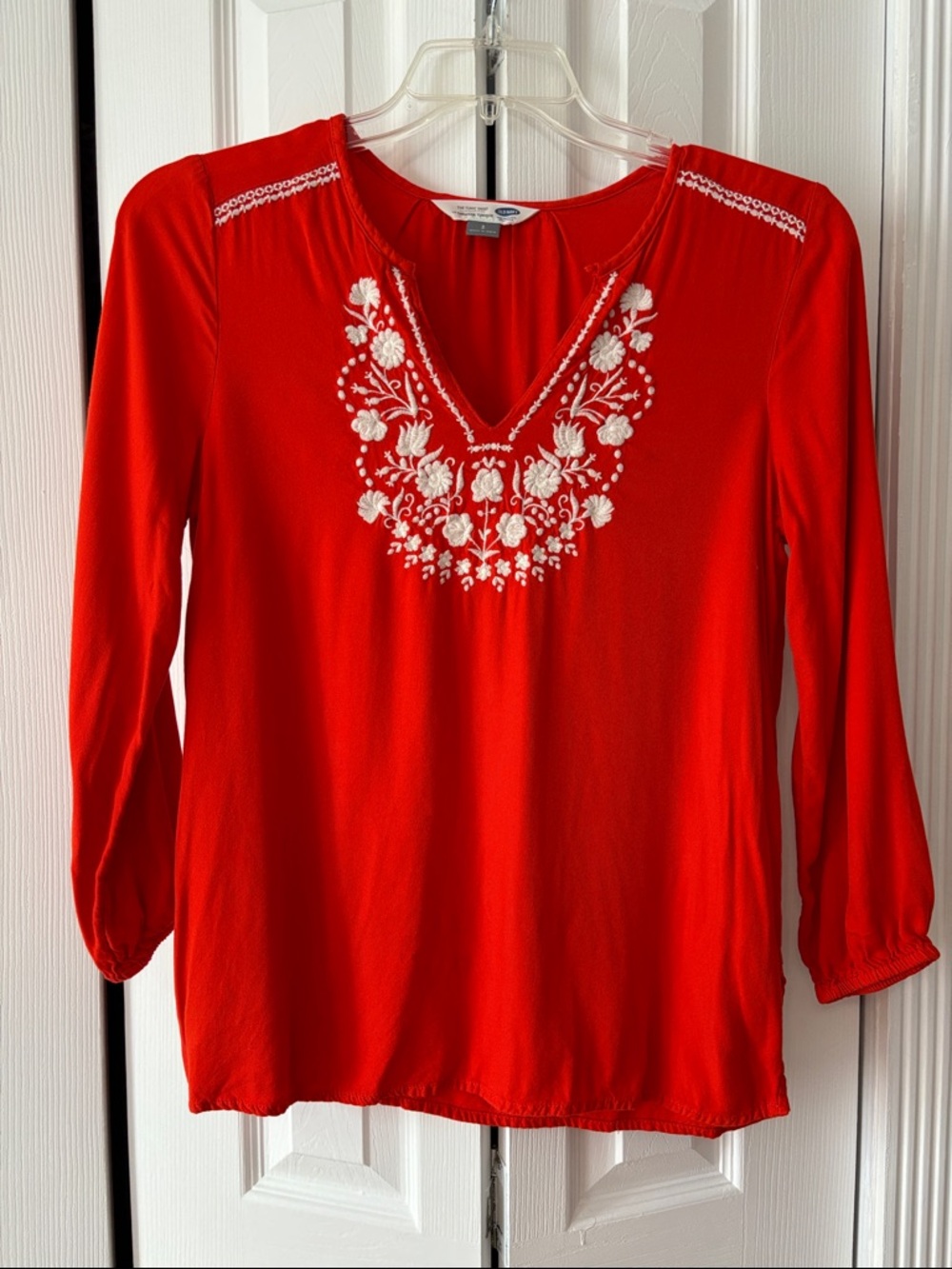 Bright Red Embroidered V-Neck Women's Top